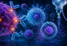 CD79b-Targeted ADC Produces Durable Remission After CAR T-Cell Failure in Mantle Cell Lymphoma Blue and purple microscopic scene showing antibodies (blue Y-shaped proteins) binding to a virus-looking cell, with a syringe in the background, illustrating a immune response.