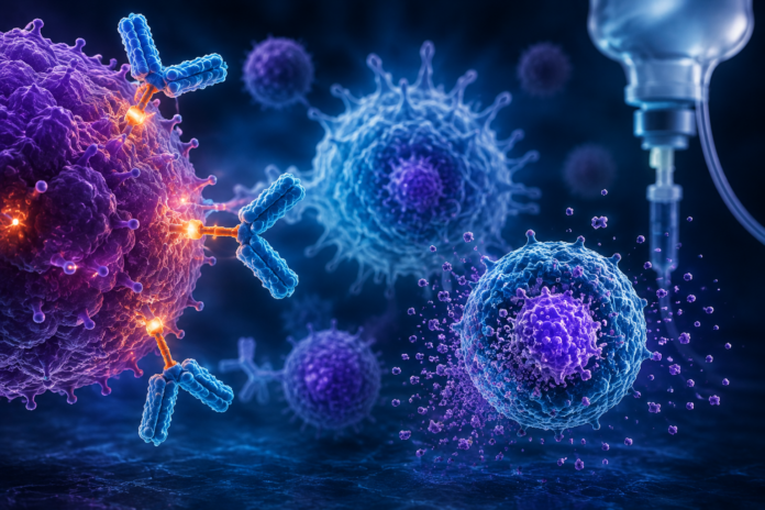 Blue and purple microscopic scene showing antibodies (blue Y-shaped proteins) binding to a virus-looking cell, with a syringe in the background, illustrating a immune response.